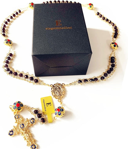 Handmade Gold Ladder to Heaven Garnet Beads Catholic Rosary Crucifix Necklace Box