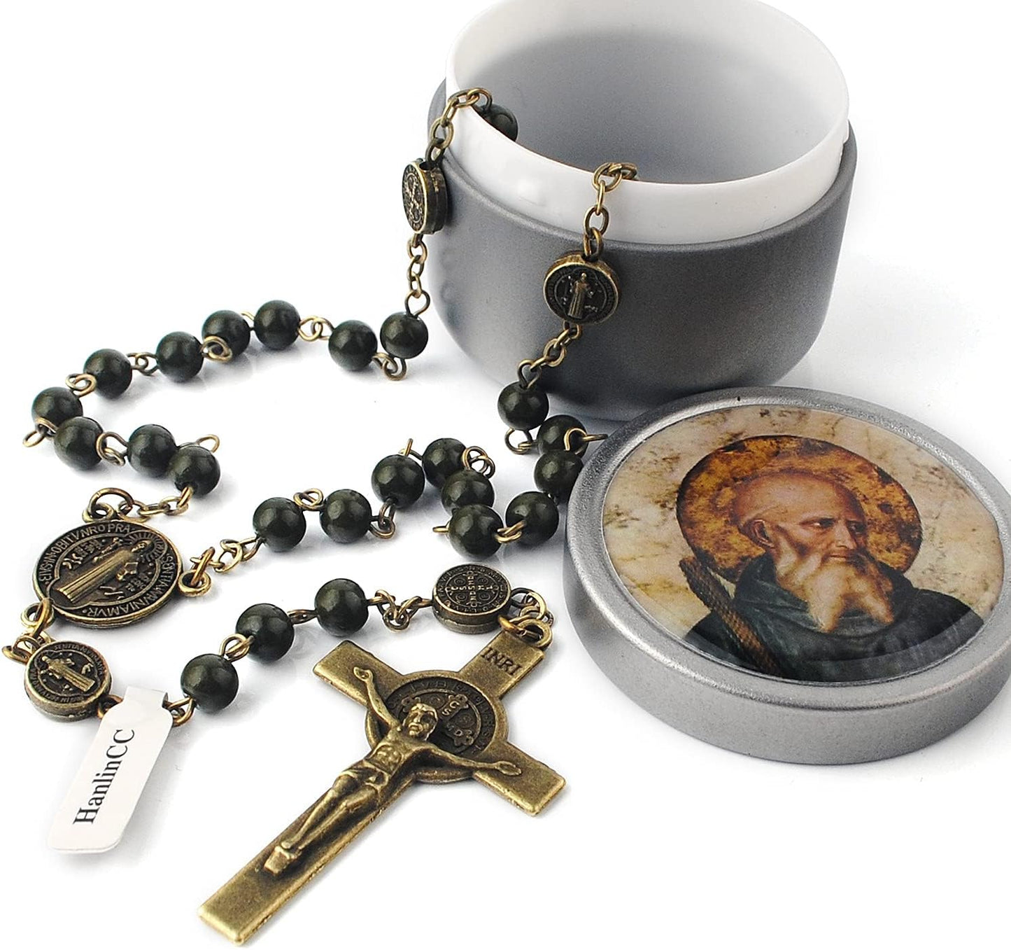 6Mm Hematite and Glass Beads Catholic Saint Benedict Rosary Necklace with Metal Gift Box (Anti-Bronze St.Benedict Rosary)