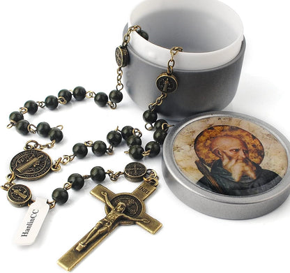 6Mm Hematite and Glass Beads Catholic Saint Benedict Rosary Necklace with Metal Gift Box (Anti-Bronze St.Benedict Rosary)