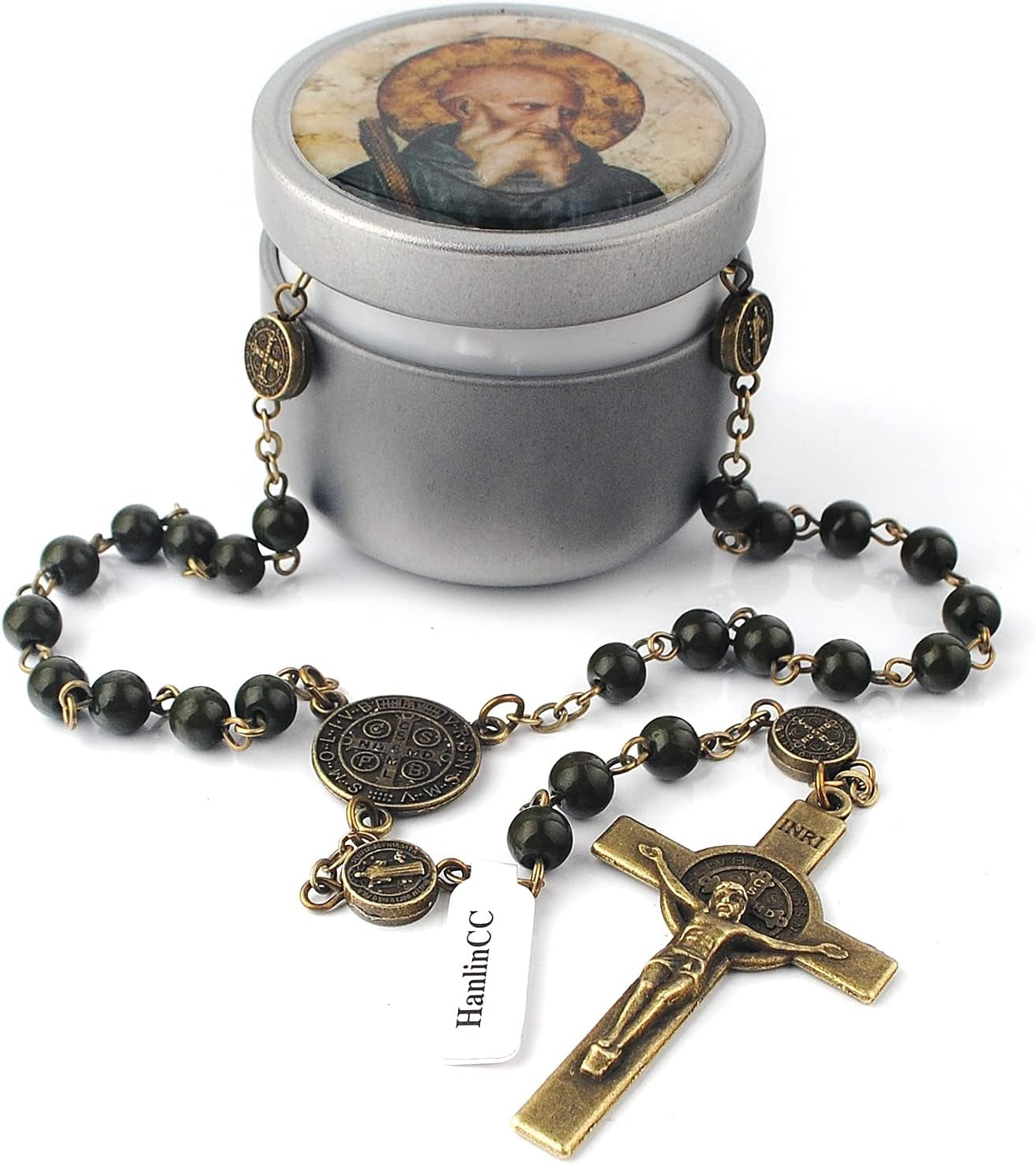 6Mm Hematite and Glass Beads Catholic Saint Benedict Rosary Necklace with Metal Gift Box (Anti-Bronze St.Benedict Rosary)