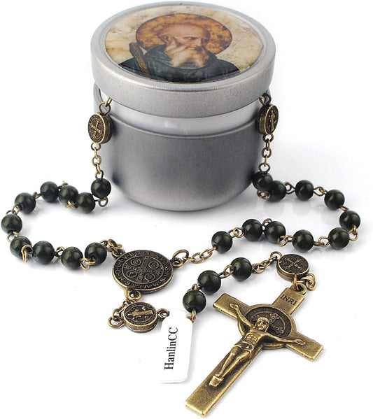 6Mm Hematite and Glass Beads Catholic Saint Benedict Rosary Necklace with Metal Gift Box (Anti-Bronze St.Benedict Rosary)