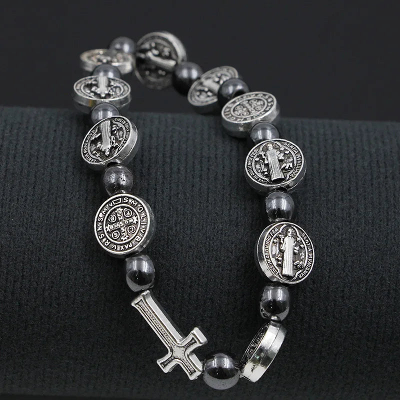 Catholic Rosary Bracelet St. Benedict Medal Cross Prayer Bracelets Hematite Beads Religion Jewelry Accessories