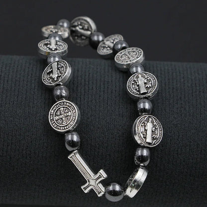 Catholic Rosary Bracelet St. Benedict Medal Cross Prayer Bracelets Hematite Beads Religion Jewelry Accessories