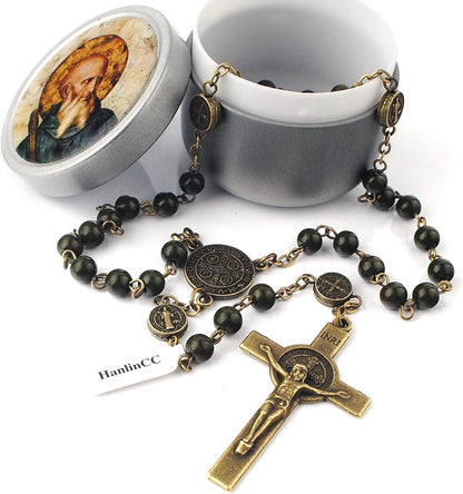 6Mm Hematite and Glass Beads Catholic Saint Benedict Rosary Necklace with Metal Gift Box (Anti-Bronze St.Benedict Rosary)