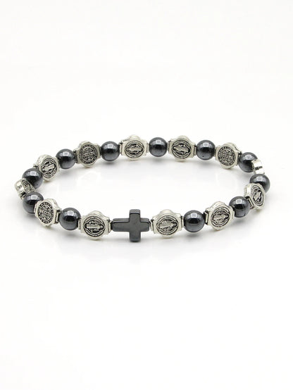 Catholic Rosary Bracelet St. Benedict Medal Cross Prayer Bracelets Hematite Beads Religion Jewelry Accessories