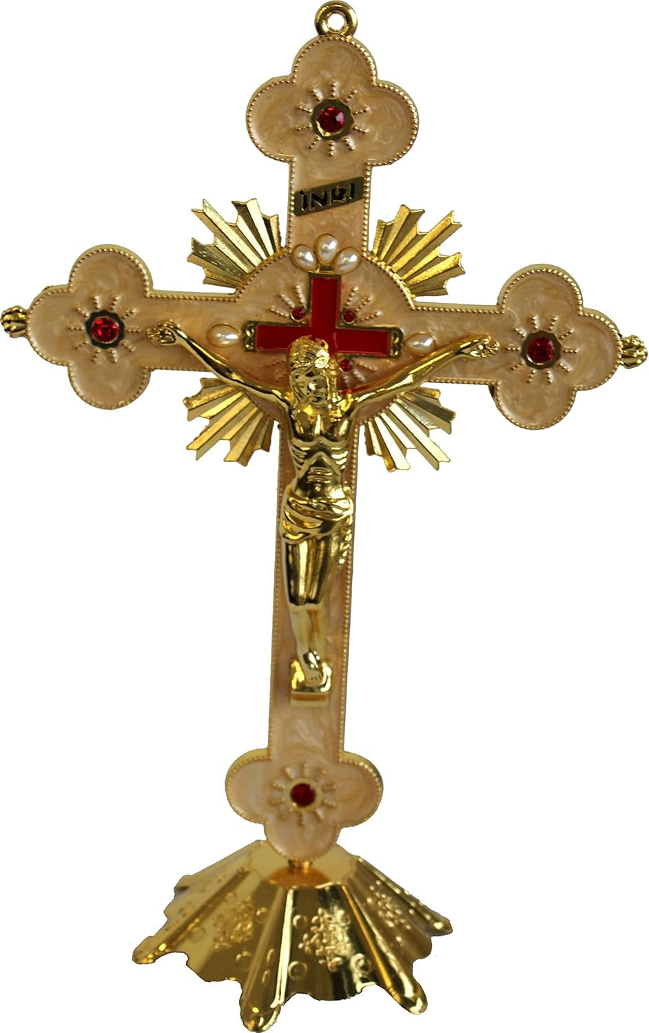 Altar Table Crucifix - Church or Home Decor - Enamel Ornamented (12 Inch, Golden/White and Red)