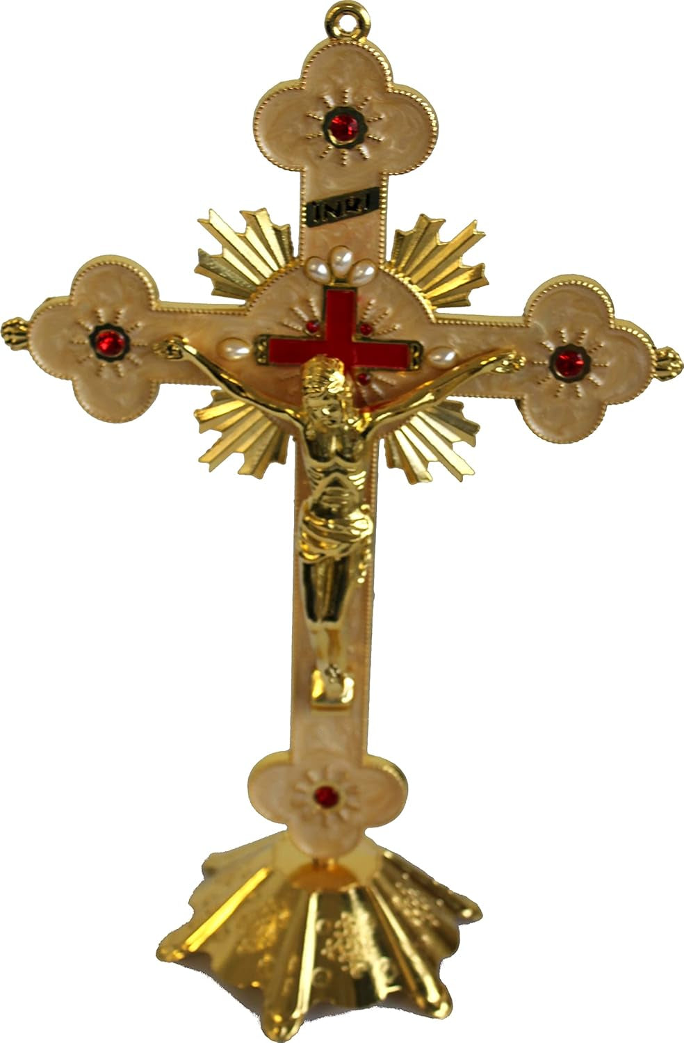Altar Table Crucifix - Church or Home Decor - Enamel Ornamented (12 Inch, Golden/White and Red)