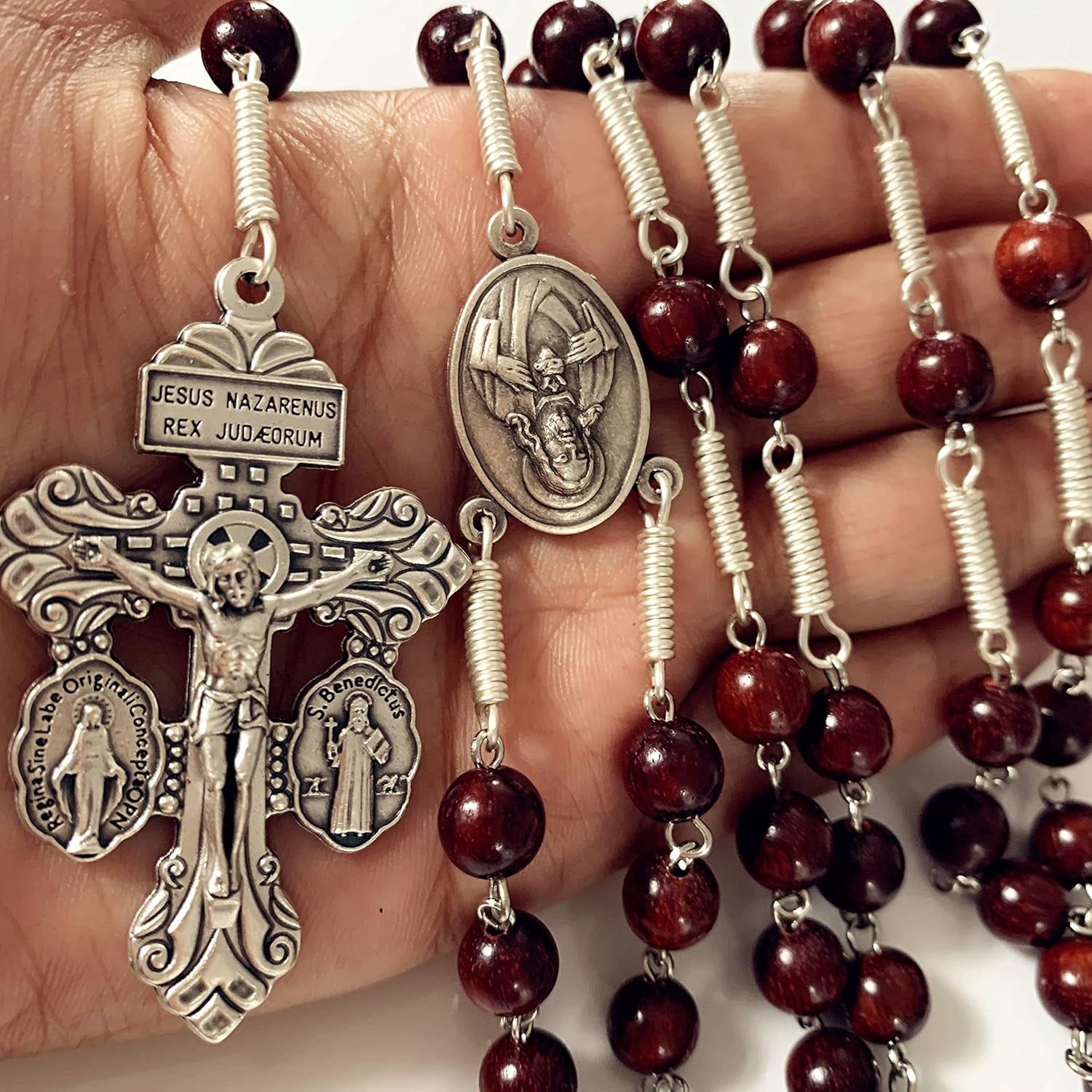 Handmade Large Red Sandalwood Beads Rose Rosary Necklace Italy Parden Cross Catholic & Gift Box (SILVER)