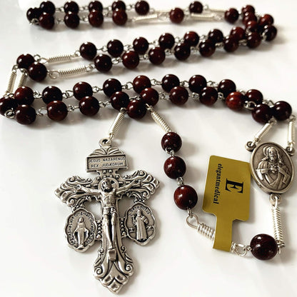 Handmade Large Red Sandalwood Beads Rose Rosary Necklace Italy Parden Cross Catholic & Gift Box (SILVER)