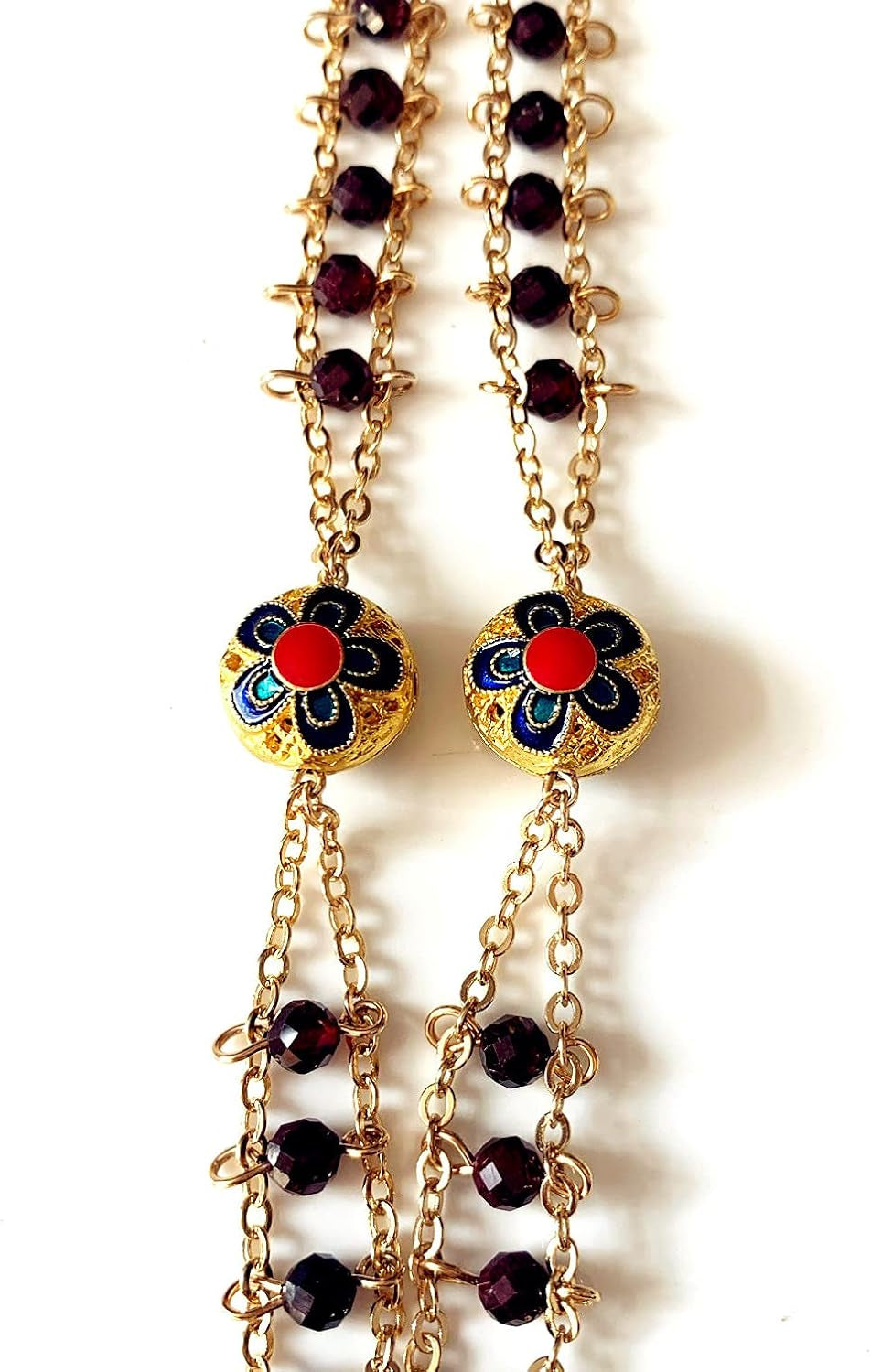 Handmade Gold Ladder to Heaven Garnet Beads Catholic Rosary Crucifix Necklace Box