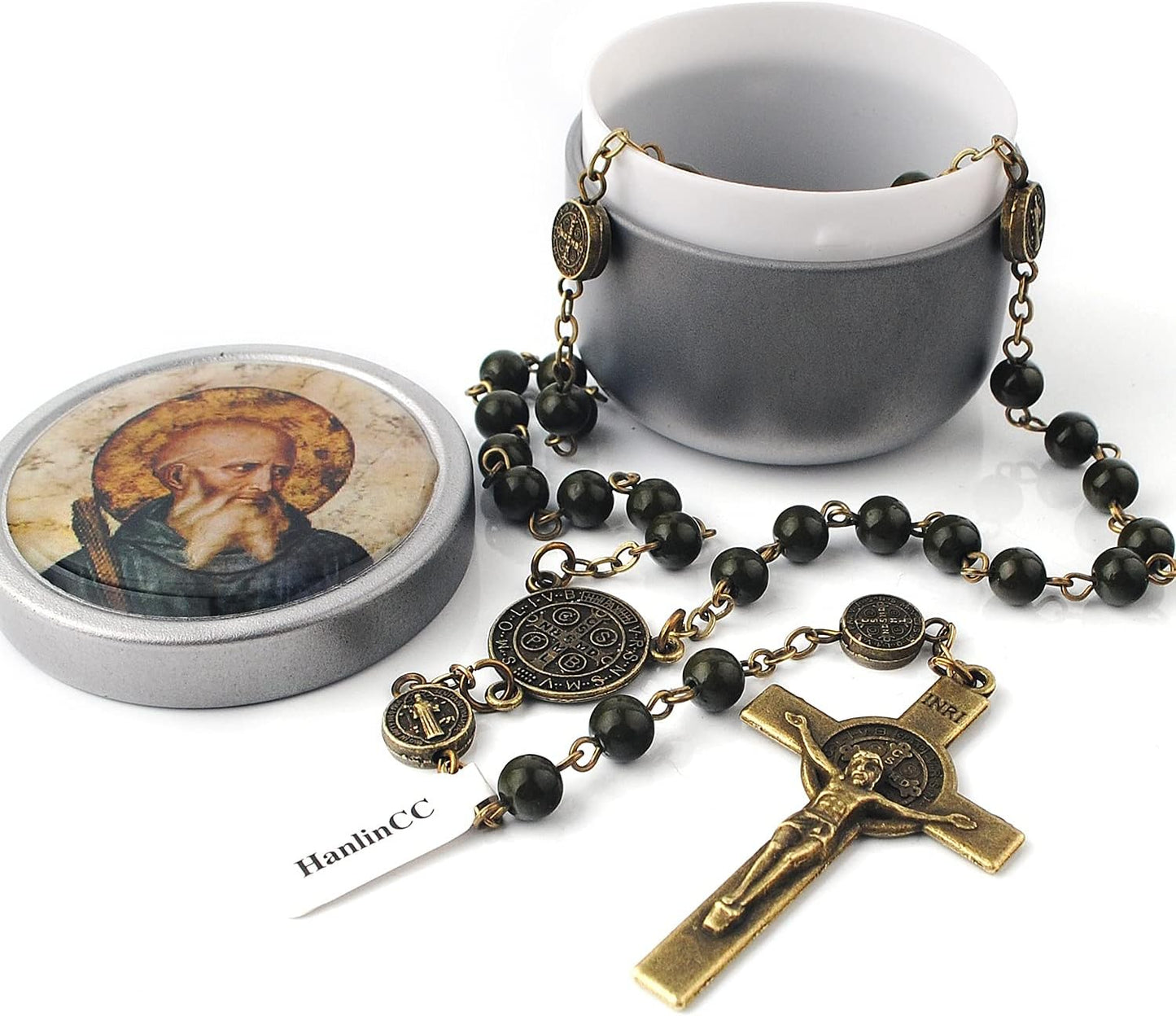 6Mm Hematite and Glass Beads Catholic Saint Benedict Rosary Necklace with Metal Gift Box (Anti-Bronze St.Benedict Rosary)