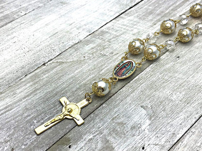 -12 Pcs Our Lady of Guadalupe Baptism Favors Rosaries Pearl Beads - Recuerditos De Bautismo - with Gift Box and Bags/Recuerdos De Mi Bautizo (Gold)