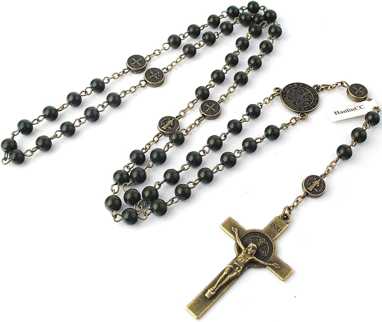 6Mm Hematite and Glass Beads Catholic Saint Benedict Rosary Necklace with Metal Gift Box (Anti-Bronze St.Benedict Rosary)