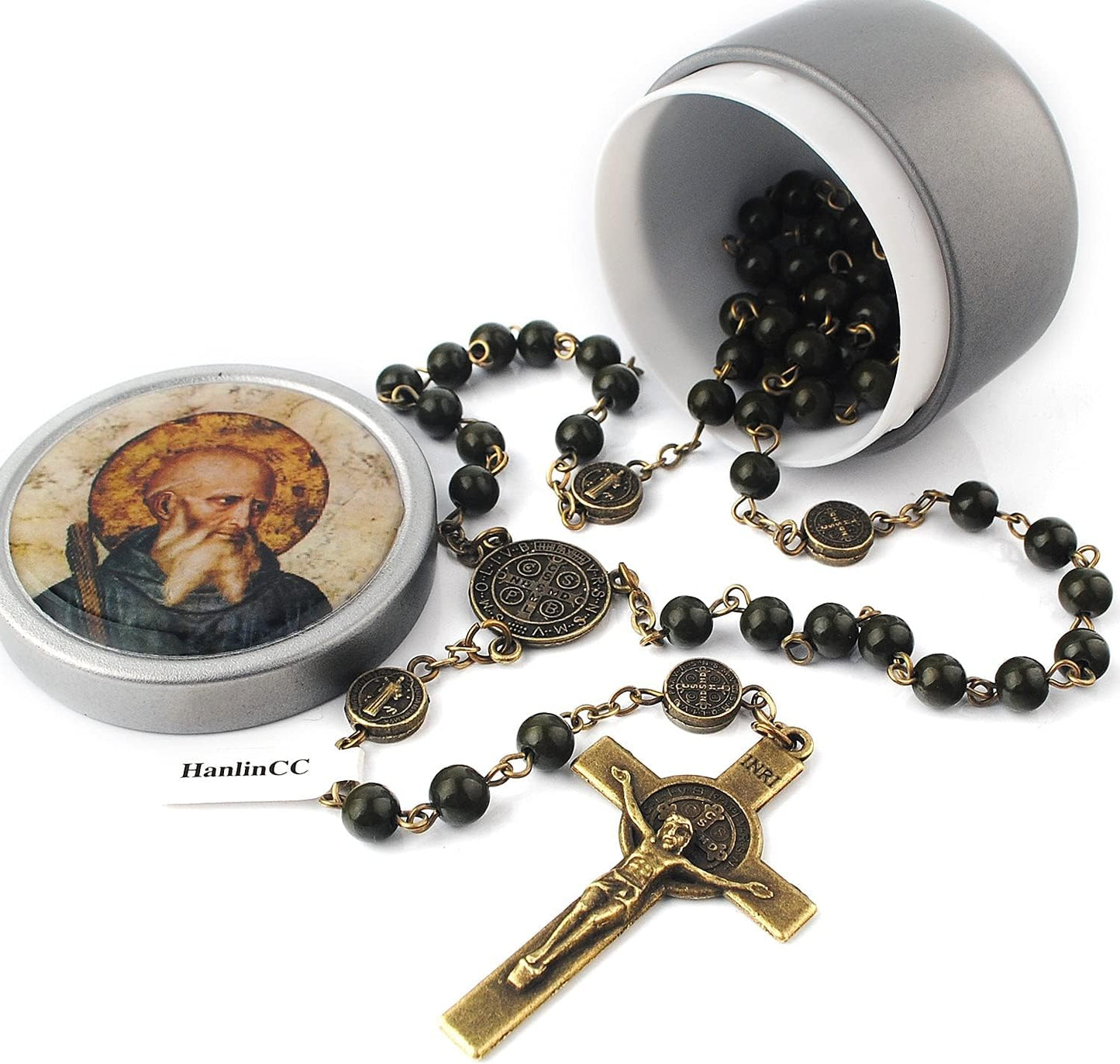 6Mm Hematite and Glass Beads Catholic Saint Benedict Rosary Necklace with Metal Gift Box (Anti-Bronze St.Benedict Rosary)