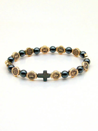 Catholic Rosary Bracelet St. Benedict Medal Cross Prayer Bracelets Hematite Beads Religion Jewelry Accessories