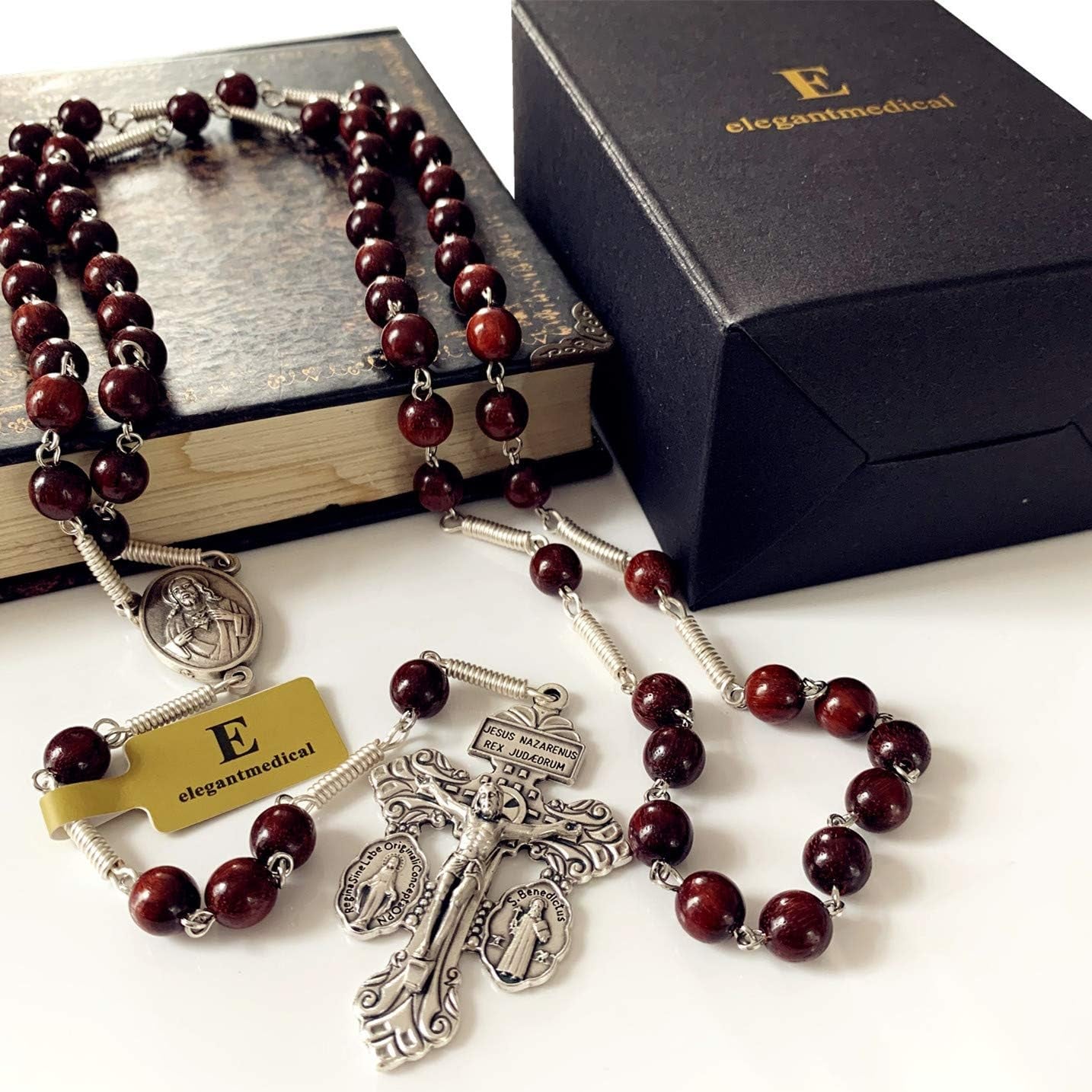 Handmade Large Red Sandalwood Beads Rose Rosary Necklace Italy Parden Cross Catholic & Gift Box (SILVER)