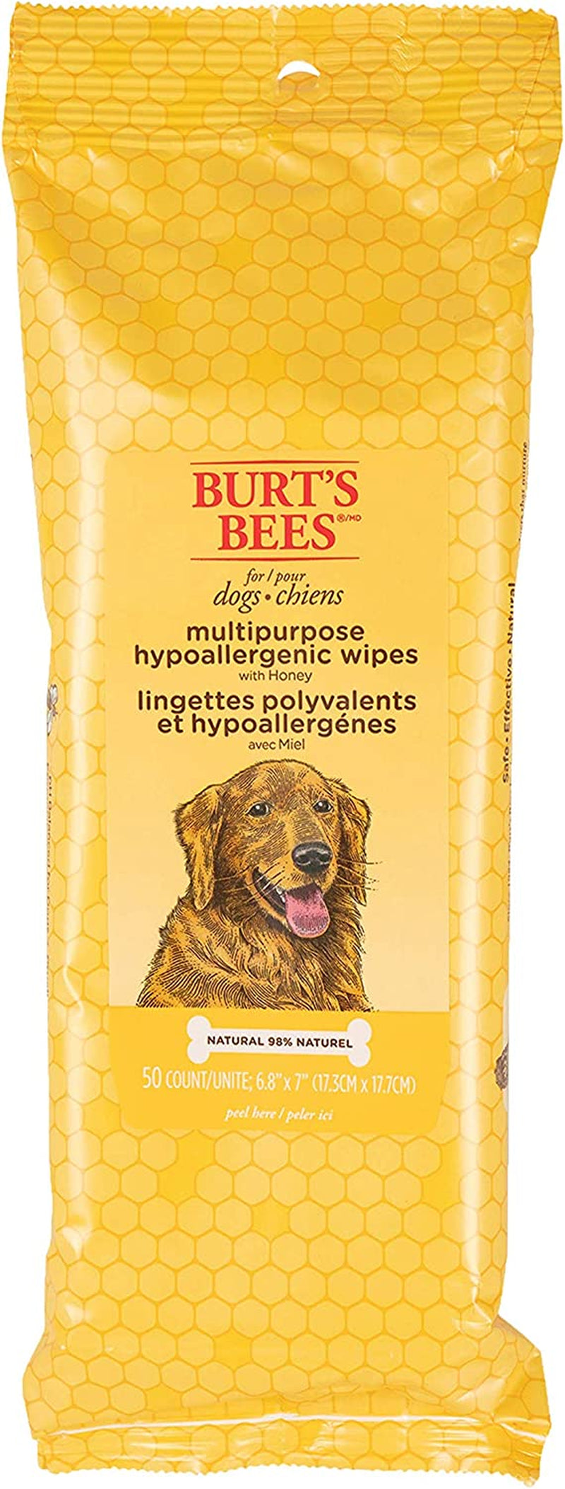 Multipurpose Dog Wipes with Honey, 98% Natural Origin Formulas, Hypoallergenic Dogs Wipe, Canine Cleaning Sheets for Paws and Butt, 3 Pk, 50Ct
