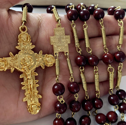 Handmade Large Red Sandalwood Beads Rose Rosary Necklace Italy Parden Cross Catholic & Gift Box (GOLD)