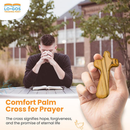 Deluxe Holding Cross Prayer Cross for Hand W/ Gift Box - Holy Land Olive Wood Cross - Large Comfort Cross Pocket Cross, Meditation Booklet & Authenticity Certificate - Christian Gift for Prayer