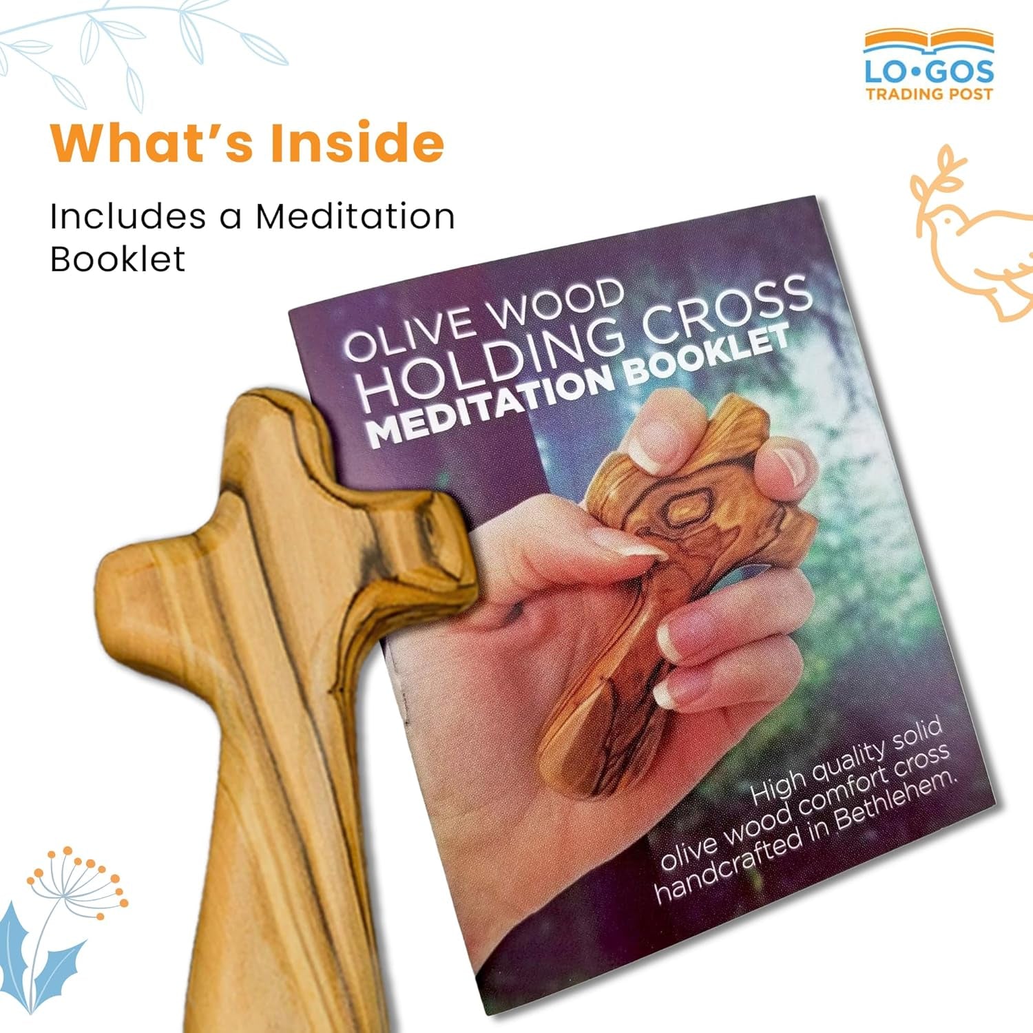 Deluxe Holding Cross Prayer Cross for Hand W/ Gift Box - Holy Land Olive Wood Cross - Large Comfort Cross Pocket Cross, Meditation Booklet & Authenticity Certificate - Christian Gift for Prayer