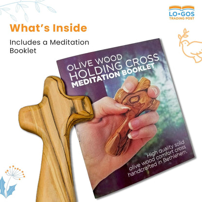 Deluxe Holding Cross Prayer Cross for Hand W/ Gift Box - Holy Land Olive Wood Cross - Large Comfort Cross Pocket Cross, Meditation Booklet & Authenticity Certificate - Christian Gift for Prayer
