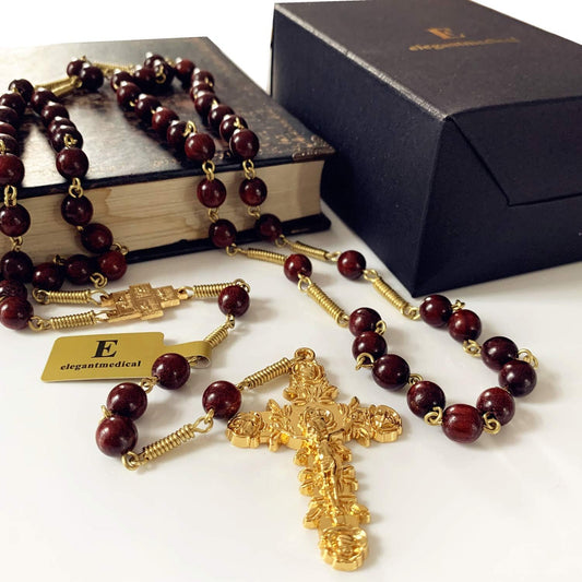 Handmade Large Red Sandalwood Beads Rose Rosary Necklace Italy Parden Cross Catholic & Gift Box (GOLD)