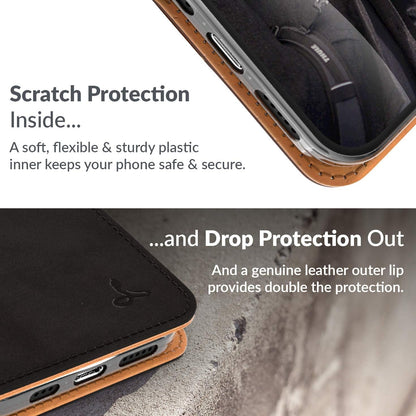 Iphone 12 Vintage Wallet || Genuine Leather Wallet Phone Case || Real Leather with Viewing Stand & 3 Card Holder || Flip Folio Cover with Card Slot (Black)