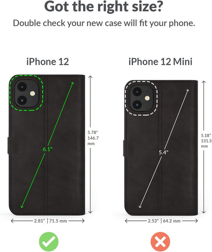 Iphone 12 Vintage Wallet || Genuine Leather Wallet Phone Case || Real Leather with Viewing Stand & 3 Card Holder || Flip Folio Cover with Card Slot (Black)