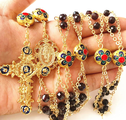Handmade Gold Ladder to Heaven Garnet Beads Catholic Rosary Crucifix Necklace Box
